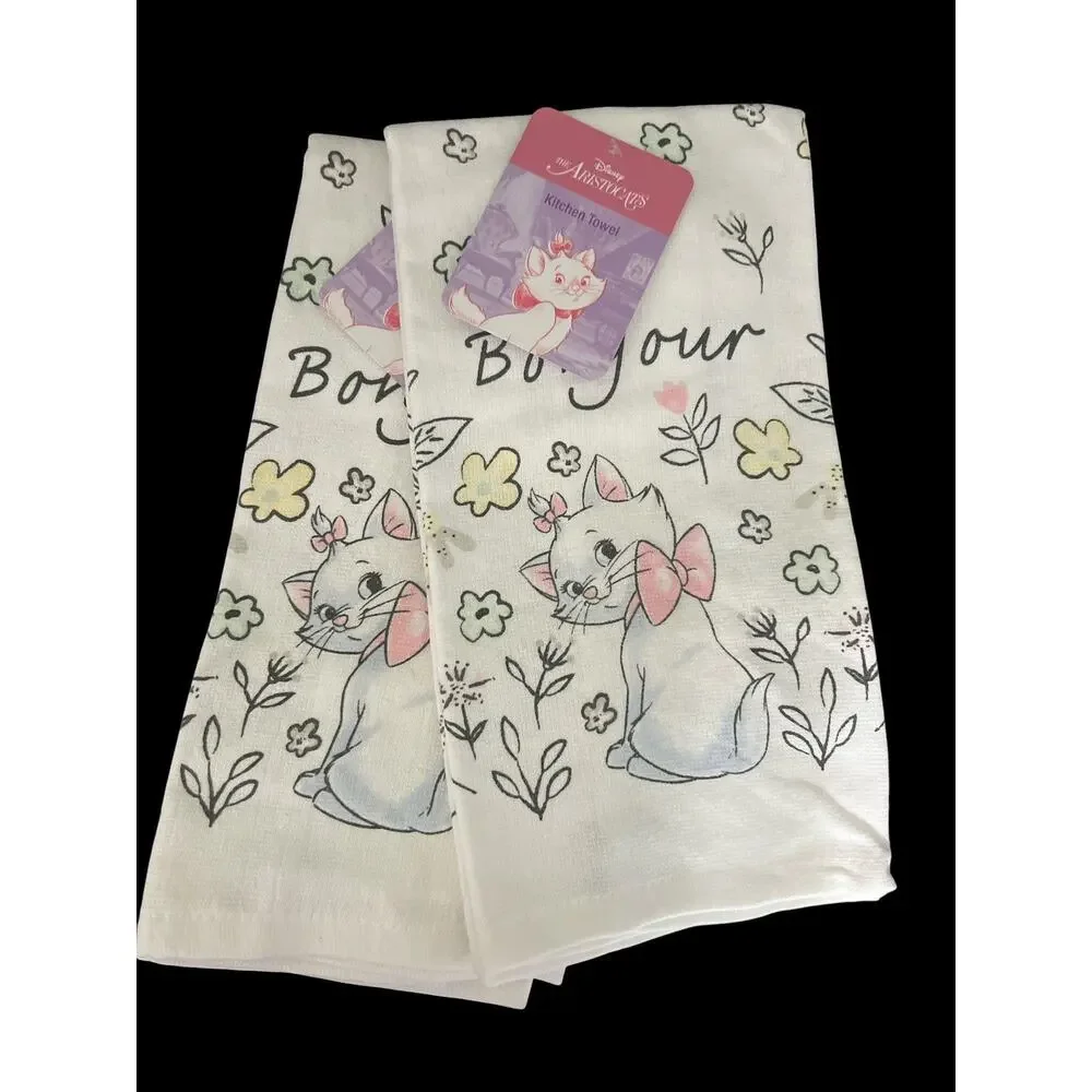 Disney The Aristocats Marie 2 Kitchen Towels 100% Cotton Pastel Colors Bonjour